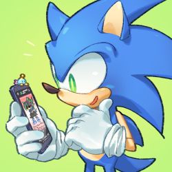 Rule 34 | 1boy, cellphone, chao (sonic), deviantart, gloves, green background, green eyes, hand on own chin, hedgehog, highres, male focus, nintendo, phone, pockypalooza, simple background, smartphone, solo, sonic (series), sonic the hedgehog, stroking own chin, super smash bros., white gloves, yellow pupils