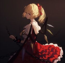 Rule 34 | 1girl, alternate hairstyle, blonde hair, bow, chain, collar, crystal, flandre scarlet, from side, grey background, hair between eyes, hair bow, highres, laluna, light particles, no headwear, perspective, ponytail, red bow, red eyes, sideways glance, simple background, solo, standing, tareme, touhou, wings