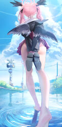 Rule 34 | 1girl, absurdres, arms behind back, ass, bare legs, barefoot, black shirt, black wings, blue archive, cloud, commentary, cumulonimbus cloud, feathered wings, feet, from behind, hair ribbon, halo, head wings, heel up, hido (cherryhido), highres, holding, holding shoes, koharu (blue archive), legs, no panties, outdoors, pink hair, purple skirt, reflection, reflective water, ribbon, school uniform, shirt, shoes, skirt, soles, solo, twintails, unworn shoes, walking, walking on liquid, wings