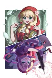 Rule 34 | 1girl, absurdres, blonde hair, blue eyes, blush, bulleta, capelet, card, commentary, day, flower, green eyes, gun, highres, holding, holding flower, holding gun, holding knife, holding weapon, hood, hood up, hooded capelet, knife, long hair, looking at viewer, low twintails, mo komo ko (kamui akira), night, open mouth, playing card, red capelet, short hair, smile, solo, sparkle, star (symbol), star in eye, symbol in eye, twintails, upside-down, vampire (game), weapon