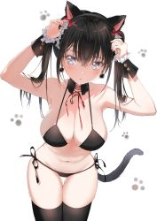 Rule 34 | 1girl, animal ears, armpits, arms up, bad id, bad twitter id, bare shoulders, bell, bikini, black bikini, black hair, black thighhighs, blue eyes, breasts, cat ears, cat girl, cat tail, cleavage, cowboy shot, detached collar, earrings, fake animal ears, halterneck, highres, jewelry, jingle bell, large breasts, long hair, looking at viewer, mirin boshi, mole, mole on armpit, mole on stomach, mole on thigh, navel, original, parted lips, paw print, paw print background, side-tie bikini bottom, simple background, skindentation, solo, stomach, string bikini, swimsuit, tail, thigh gap, thighhighs, thighs, twintails, white background, wrist cuffs
