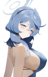 Rule 34 | 1girl, ako (blue archive), ako (dress) (blue archive), bare shoulders, black hairband, blue archive, blue dress, blue hair, blue halo, blush, breasts, closed mouth, dress, hair between eyes, hairband, halo, highres, large breasts, looking at viewer, medium hair, sideboob, smile, su-102, upper body