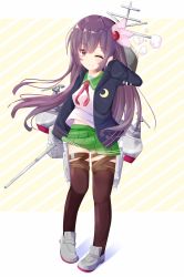 Rule 34 | 1girl, ;), absurdres, accidental exposure, black jacket, blush, brown hair, brown thighhighs, cannon, closed mouth, commentary request, crescent, crescent pin, full body, green sailor collar, green skirt, grey footwear, hair between eyes, hair ornament, hand up, highres, jacket, kantai collection, kisaragi (kancolle), loafers, long hair, machinery, neckerchief, nekoyanagi (azelsynn), one eye closed, open clothes, open jacket, panties, pink panties, pleated skirt, red eyes, red neckerchief, sailor collar, school uniform, serafuku, shirt, shoes, skirt, smile, smoke, solo, standing, thighhighs, turret, underwear, very long hair, white shirt