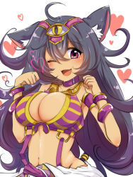 Rule 34 | 10s, 1girl, animal ears, black hair, breasts, cat ears, cat tail, character request, cleavage, dark-skinned female, dark skin, fang, heart, highres, large breasts, long hair, monster strike, navel, negiko, one eye closed, open mouth, red eyes, smile, solo, tail