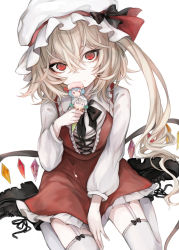 Rule 34 | 1girl, :|, adapted costume, alternate footwear, black bow, black footwear, black neckwear, black ribbon, blush, boots, bow, character print, closed mouth, commentary request, cross-laced footwear, crystal, dress, eyelashes, flandre scarlet, frilled dress, frilled shirt collar, frills, garter straps, hair between eyes, hasunokaeru, hat, hat bow, hat ribbon, head tilt, highres, ice cream cone, izayoi sakuya, long sleeves, mob cap, one side up, red bow, red dress, red eyes, red ribbon, remilia scarlet, ribbon, shirt, short hair, side ponytail, simple background, sitting, skirt, solo, thighhighs, touhou, wariza, white background, white hat, white shirt, white sleeves, white thighhighs, wings