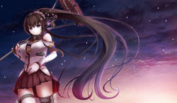 Rule 34 | 10s, 1girl, bare shoulders, black hair, black thighhighs, breasts, brown skirt, cherry blossoms, closed mouth, clothing cutout, cowboy shot, flower, hair flower, hair ornament, headgear, highres, hip vent, holding, holding umbrella, kantai collection, large breasts, long hair, looking at viewer, oil-paper umbrella, petals, pleated skirt, ponytail, purple eyes, shoulder cutout, single thighhigh, skirt, smile, solo, thigh strap, thighhighs, umbrella, very long hair, yamato (kancolle), yoshida takuma