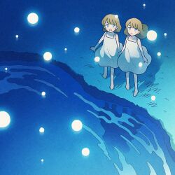 Rule 34 | 2girls, :d, bare arms, bare shoulders, blonde hair, blue eyes, blue theme, blush, child, commentary request, dot nose, dress, grass, highres, holding hands, lake, light particles, looking up, medium hair, multiple girls, nahara saki, night, on grass, open mouth, original, outdoors, plant, reflection, siblings, sisters, sleeveless, sleeveless dress, smile, standing, water, white dress
