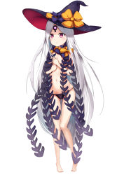 Rule 34 | 1girl, abigail williams (fate), abigail williams (third ascension) (fate), barefoot, black bow, black hat, black panties, blush, bow, closed mouth, commentary request, fate/grand order, fate (series), full body, glowing, hands on own chest, hat, highres, long hair, looking away, navel, orange bow, panties, parted bangs, pink eyes, polka dot, polka dot bow, polka dot headwear, revealing clothes, silver hair, simple background, skindentation, solo, standing, tiptoes, topless, underwear, very long hair, white background, witch hat, xiaozuo cang