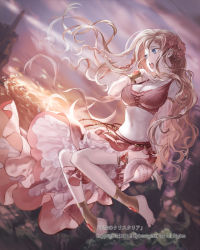 Rule 34 | 1girl, barefoot, blonde hair, blue eyes, bra, breasts, cleavage, detached sleeves, flower, hair flower, hair ornament, hand on own chest, jewelry, large breasts, lighthouse, long hair, lots of jewelry, midriff, navel, open mouth, shell, sitting, sky, solo, sunset, tenkuu no crystalia, toeless legwear, underwear, ushi (newrein), water, watermark, wind
