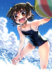 Rule 34 | 10s, 1girl, :d, akagi miria, ball, beachball, black hair, brown eyes, competition school swimsuit, highres, idolmaster, idolmaster cinderella girls, ocean, one-piece swimsuit, open mouth, school swimsuit, short hair, short twintails, smile, solo, swimsuit, takanashi ringo, twintails, two side up