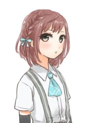 Rule 34 | 10s, 1girl, alternate hair length, alternate hairstyle, arm warmers, asagumo (kancolle), ascot, commentary request, eyebrows, green eyes, hair ribbon, kantai collection, looking at viewer, necktie, nuno (pppompon), red hair, ribbon, school uniform, shirt, solo, suspenders, thigh strap, uniform, white shirt