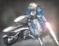 Rule 34 | 1girl, ahoge, armor, armored dress, artoria pendragon (all), artoria pendragon (fate), blonde hair, blue eyes, dress, excalibur (fate/stay night), fate/zero, fate (series), faulds, gauntlets, glowing, glowing sword, glowing weapon, greaves, hair ribbon, motor vehicle, motorcycle, puffy sleeves, ribbon, saber (fate), solo, sword, tatsuya1227, vehicle, weapon