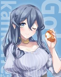Rule 34 | 1girl, blouse, blue background, blue eyes, blue hair, blue shirt, character name, choker, commentary request, copyright name, cream puff, food, fugafugashi, gotland (kancolle), highres, kantai collection, long hair, looking at viewer, mole, mole under eye, one-hour drawing challenge, one eye closed, ponytail, shirt, sidelocks, smile, solo, striped clothes, striped shirt, twitter username, upper body, vertical-striped clothes, vertical-striped shirt, yellow choker