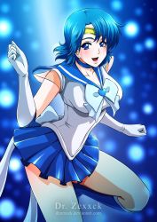 Rule 34 | 1990s (style), 1girl, bishoujo senshi sailor moon, blue eyes, blue hair, blue sailor collar, blue skirt, blush, boots, breasts, brooch, choker, doctor zexxck, earrings, elbow gloves, gloves, heart, heart brooch, highres, jewelry, large breasts, lips, magical girl, matching hair/eyes, mizuno ami, open mouth, retro artstyle, sailor collar, sailor mercury, sailor senshi, short hair, skirt, smile, solo, super sailor mercury, tiara, white gloves
