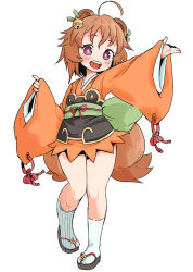 Rule 34 | 1girl, ahoge, animal ears, bad id, bad pixiv id, bell, blush, brown hair, done (donezumi), hair ornament, ichihime moegi, japanese clothes, jingle bell, kimono, looking at viewer, multiple tails, open mouth, outstretched arm, pigeon-toed, purple eyes, sandals, shinrabanshou, short hair, simple background, solo, tail, white background