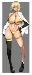 Rule 34 | 1girl, :d, absurdres, bikini, black footwear, black gloves, black thighhighs, border, breasts, coat, commission, elbow gloves, fang, full body, fur coat, gloves, gold bikini, green eyes, grey background, hand on own hip, highres, huge breasts, hz (666v), jacket, jewelry, necklace, off shoulder, open clothes, open mouth, original, short hair, single elbow glove, single thighhigh, skeb commission, smile, standing, swimsuit, thighhighs, triangle necklace, white border, white coat
