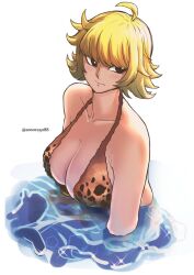 Rule 34 | 1girl, amazon warrior, aosora2823, black eyes, blonde hair, blush, breasts, cleavage, highres, marguerite (one piece), medium breasts, one piece, short hair, solo, twitter username, upper body, water