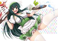 Rule 34 | 1girl, apron, blush, breasts, frills, green hair, highres, long hair, maid headdress, open mouth, panties, parfait, solo, thighhighs, touhoku zunko, tray, underwear, vocaloid, voiceroid, waitress, white panties, white thighhighs, yellow eyes, yuzumiya mono