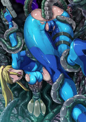 Rule 34 | 1girl, anal, anal object insertion, anus, ass, ass cutout, blonde hair, blush, bodysuit, breast slip, breast sucking, breasts, butcha-u, cameltoe, clothing cutout, fucked silly, gun, handgun, pussy, lactation, large breasts, long hair, metroid, mole, monster, nintendo, object insertion, one breast out, open mouth, partially visible vulva, pistol, ponytail, rape, rolling eyes, samus aran, shiny clothes, shiny skin, skin tight, slime (substance), solo, sweat, tears, tentacle sex, tentacles, torn bodysuit, torn clothes, trigger discipline, uncensored, weapon, zero suit