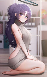 Rule 34 | 1girl, absurdres, backless outfit, bare shoulders, barefoot, blue archive, blush, breasts, doyoon 7, dress, full body, halo, highres, long hair, looking at viewer, medium breasts, meme attire, naked sweater, purple eyes, purple hair, ribbed sweater, seiza, sideboob, sitting, solo, sweater, sweater dress, turtleneck, turtleneck sweater, two side up, virgin killer sweater, yuuka (blue archive)