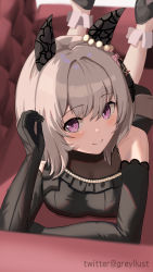 Rule 34 | 1girl, absurdres, animal ears, bare shoulders, black dress, black gloves, blush, bow, breasts, cleavage, couch, curren chan (sakutsuki ma cherie) (umamusume), curren chan (umamusume), dress, ear covers, elbow gloves, frilled dress, frills, gloves, grey hair, guree (haiiro), hair between eyes, hair intakes, halterneck, head tilt, highres, horse ears, horse girl, horse tail, looking at viewer, lying, medium breasts, official alternate costume, on stomach, pink eyes, see-through, see-through cleavage, short hair, smile, split mouth, tail, the promised time: silks &amp; three riddles (umamusume), umamusume, watermark