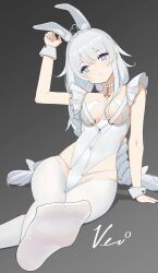 Rule 34 | + +, 1girl, absurdres, ahoge, animal ears, arm support, artist name, azur lane, blue eyes, bow, braid, breasts, choker, closed mouth, covered navel, expressionless, fake animal ears, feet, foot focus, gradient background, grey background, grey hair, hair bow, head tilt, highres, le malin (azur lane), le malin (listless lapin) (azur lane), low twin braids, medium breasts, no shoes, nontraditional playboy bunny, o-ring, o-ring choker, official alternate costume, pantyhose, rabbit ears, signature, sitting, soles, solo, toes, twin braids, veco, white bow, white choker, white pantyhose, wrist cuffs