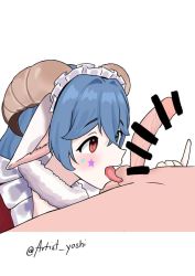 Rule 34 | 1boy, 1girl, animal ears, artist yoshi, bar censor, blue hair, blush, censored, erection, fellatio, goat ears, goat horns, green eyes, horns, indie virtual youtuber, large penis, licking testicle, looking at penis, maid, maid headdress, neck ruff, oral, penis, red eyes, shichide, solo focus, star (symbol), testicles, tongue, tongue out, veins, veiny penis, virtual youtuber