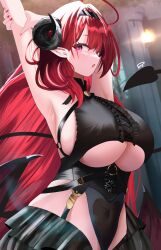 Rule 34 | 1girl, absurdres, ahoge, arm up, armpits, azur lane, bare shoulders, black horns, breasts, clothing cutout, commentary, curled horns, demon girl, demon tail, english commentary, highres, hindenburg (azur lane), horns, large breasts, long hair, looking at viewer, open mouth, pointy ears, purple eyes, red hair, red nails, riflech, solo, tail, underboob, underboob cutout, very long hair, wings, yawning