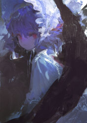 Rule 34 | 1girl, :/, absurdres, bat wings, blue hair, bonnet, closed mouth, commentary request, from side, hair between eyes, highres, looking at viewer, looking to the side, medium hair, red eyes, remilia scarlet, shirt, slit pupils, touhou, upper body, white headwear, white shirt, wings, ztoz