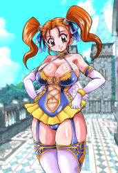 Rule 34 | alternate costume, blue leotard, breasts, brown eyes, bustier, choker, cleavage, divine bustier (dq), dragon quest, dragon quest viii, elbow gloves, garter straps, gloves, green eyes, hairband, jessica albert, kawamoto hiroshi, large breasts, leotard, miniskirt, navel, red hair, skirt, square enix, thighhighs, twintails, white gloves, white legwear, wings, wristband, yellow skirt
