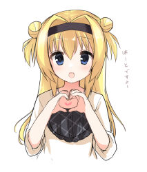 Rule 34 | 1girl, :d, absurdres, black hairband, blonde hair, blue eyes, blush, casual, chitose sana, commentary, double bun, eyelashes, hair between eyes, hair bun, hair intakes, hairband, hands up, happy, heart, heart hands, highres, long hair, long sleeves, looking at viewer, open mouth, shirt, sidelocks, simple background, smile, solo, straight-on, takepoison, tenshinranman, translated, two side up, upper body, white background, white shirt