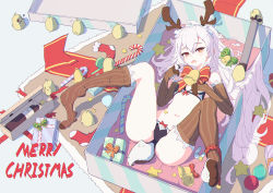 Rule 34 | 1girl, absurdres, alternate costume, antlers, azur lane, babai hu, bell, cameltoe, christmas, deer tail, gloves, highres, horns, laffey (azur lane), lingerie, merry christmas, red eyes, ribbon, silver hair, solo, spread legs, striped clothes, striped gloves, striped legwear, striped thighhighs, tail, thighhighs, underwear, vertical-striped clothes, vertical-striped thighhighs