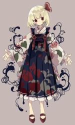 Rule 34 | 1girl, :|, adapted costume, black dress, blonde hair, blunt bangs, blush, chinese lantern (plant), closed mouth, commentary, darkness, dress, expressionless, eyebrows hidden by hair, floral print, frilled dress, frills, grey background, hair ribbon, head tilt, highres, japanese clothes, kimono, layered clothes, long sleeves, looking at viewer, nikorashi-ka, open hands, outstretched arms, red eyes, red footwear, red ribbon, ribbon, rumia, shoes, short hair, simple background, sleeveless, sleeveless dress, solo, standing, touhou, white kimono