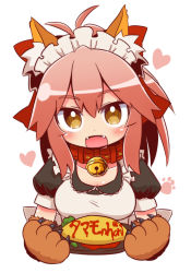 Rule 34 | 1girl, alternate costume, animal ears, animal hands, apron, bell, blush, breasts, cleavage, collar, collarbone, enmaided, fangs, fate/grand order, fate (series), fox ears, hair ribbon, long hair, looking at viewer, maid, maid apron, maid headdress, medium breasts, naga u, neck bell, open mouth, pink hair, ribbon, solo, tamamo (fate), tamamo cat (fate), tamamo cat (second ascension) (fate), tamamo no mae (fate/extra), upper body, yellow eyes