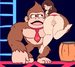 Rule 34 | 1boy, 1girl, :o, animated, animated gif, anus, ape, bare shoulders, barefoot, barrel, blue background, blue eyes, bottomless, brown eyes, brown fur, brown hair, carrying, carrying over shoulder, donkey kong, donkey kong (1981 game), donkey kong (series), dress, earrings, fur, gold earrings, gorilla, jewelry, ladder, leg up, legs, looking at another, looking at viewer, looping animation, mario (series), navel, necktie, nintendo, nostrils, open mouth, over shoulder, parted lips, pauline (mario), pussy, red dress, red neckwear, scruffmuhgruff, signature, simple background, steel beam, thigh gap, thighs, uncensored