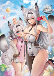 Rule 34 | 2girls, animal ears, bare shoulders, blue eyes, blue sky, blush, breasts, cellphone, cleavage, collarbone, fox ears, fox tail, hairband, indie virtual youtuber, large breasts, long hair, looking at viewer, multiple girls, oni-noboru, open mouth, phone, saionji chouchou, sidelocks, sky, small breasts, smile, tail, thighs, virtual youtuber, white hair