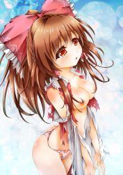 Rule 34 | 1girl, areola slip, blue background, bow, breasts, brown hair, cleavage, cowboy shot, detached sleeves, frills, from side, groin, hair bow, hair censor, hair over breasts, hair tubes, hakurei reimu, half updo, highres, japanese clothes, large breasts, long hair, no pants, panties, pink panties, red bow, red eyes, red ribbon, ribbon, shirt, solo, special tan, tears, torn clothes, torn panties, torn shirt, torn sleeves, touhou, underwear