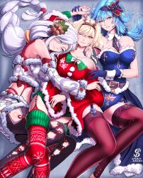 Rule 34 | 3girls, bare shoulders, bell, belt, black belt, black pants, black thighhighs, blonde hair, blue dress, blue eyes, blue hair, blue necktie, breasts, cleavage, collarbone, commentary, detached sleeves, dress, english commentary, eula (genshin impact), fake antlers, feet out of frame, garter straps, genshin impact, grin, hair bell, hair ornament, hairband, highres, large breasts, leggings, long hair, long sleeves, looking at viewer, lumine (genshin impact), lying, multiple girls, navel, necktie, off-shoulder dress, off shoulder, on back, one eye closed, pants, red dress, red thighhighs, santa costume, shenhe (genshin impact), smile, spiritdraws, strapless, strapless dress, thighhighs, thighs, white hair, yellow eyes