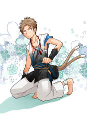 Rule 34 | 1boy, bandages, brown eyes, brown hair, cat tail, commentary request, frown, full body, gekkan shoujo nozaki-kun, hori masayuki, japanese clothes, jewelry, kneeling, male focus, multiple tails, necklace, solo, tail, takana x123