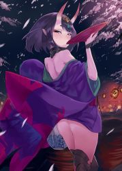 Rule 34 | 1girl, ass, bare shoulders, ceda (dace), cup, drinking, fate/grand order, fate (series), headpiece, highres, horns, japanese clothes, kimono, night, no panties, oni, open clothes, open kimono, purple hair, sakazuki, short eyebrows, shuten douji (fate), skin-covered horns, thighhighs