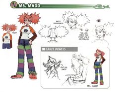 Rule 34 | 00s, 1girl, alternate hairstyle, artbook, big hair, breasts, capcom, character sheet, concept art, crossed arms, earrings, eyeshadow, full body, glasses, jewelry, looking at another, looking at viewer, makeup, mega man (series), mega man battle network, ms. madd (mega man), multiple views, official art, pants, pink hair, shirt, shoes, short twintails, sitting, sketch, sneakers, standing, translated, transparent background, twintails, wide hips