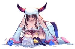 Rule 34 | 2girls, armor, bikini armor, blue skin, breasts, brown hair, clenched hands, colored skin, denim (vvcp8852), detached sleeves, downblouse, fate/extra, fate/extra ccc, fate/grand order, fate (series), hair ribbon, holding another&#039;s arm, horns, kama (fate), kama (third ascension) (fate), knee up, large breasts, long hair, looking at another, lying, multicolored skin, multiple girls, on back, parted bangs, pinned, purple hair, red ribbon, ribbon, sessyoin kiara, simple background, smile, two-tone skin, veil, white background, yuri