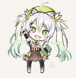 Rule 34 | 1girl, :d, ahoge, arm up, bad id, bad pixiv id, beret, black pantyhose, black sleeves, boots, brown background, brown skirt, camomi camomi, camomi channel, capriccio, character name, chibi, commentary request, dated, detached sleeves, full body, gradient hair, green eyes, green hair, green hat, hat, holding, holding paintbrush, long hair, long sleeves, looking at viewer, multicolored hair, nanashi inc., open mouth, paintbrush, pantyhose, pleated skirt, puffy short sleeves, puffy sleeves, short sleeves, signature, silver hair, simple background, skirt, smile, solo, standing, streaked hair, twintails, very long hair, virtual youtuber, white footwear, white sleeves