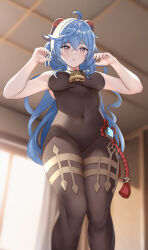 Rule 34 | 1girl, ahoge, bare arms, bell, blue hair, blurry, blurry background, bodysuit, breasts, brown bodysuit, chinese knot, closed mouth, covered navel, from below, ganyu (genshin impact), genshin impact, goat horns, gradient eyes, groin, hands up, highres, horns, indoors, medium breasts, multicolored eyes, neck bell, solo, sylux, thighlet, thighs, vision (genshin impact)