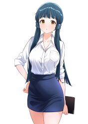 Rule 34 | 1girl, absurdres, b1ack illust, blue hair, blue skirt, breast pocket, breasts, brown eyes, cleavage, collared shirt, commentary, cowboy shot, dress shirt, hand on own hip, highres, holding, idolmaster, idolmaster million live!, kitakami reika, large breasts, long hair, looking at viewer, low twintails, parted lips, pencil skirt, pocket, shirt, shirt tucked in, simple background, skirt, solo, thighs, twintails, very long hair, white background, white shirt