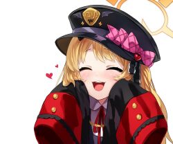 Rule 34 | 1girl, black coat, black hat, black ribbon, blonde hair, blondy (ldlong), blue archive, blush, bow, closed eyes, coat, collared shirt, facing viewer, frilled ribbon, frills, hair ribbon, halo, hat, hat bow, hat ornament, heart, heart hat ornament, highres, ibuki (blue archive), neck ribbon, open mouth, peaked cap, pink bow, ribbon, shirt, side ponytail, simple background, sleeves past fingers, sleeves past wrists, smile, solo, upper body, white background, white shirt