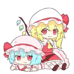 Rule 34 | 2girls, ascot, bat wings, blonde hair, blue hair, bobby socks, brooch, brown footwear, chibi, clenched hands, commentary request, crystal, elbow rest, fang, fang out, flandre scarlet, frills, full body, girl on top, hand on own cheek, hand on own face, hat, hat ribbon, highres, jewelry, looking at viewer, lying, medium hair, mob cap, multiple girls, on stomach, oninamako, pink headwear, pink shirt, pink skirt, pointy ears, red ascot, red eyes, red ribbon, red skirt, red vest, remilia scarlet, ribbon, shirt, shoes, short sleeves, siblings, side ponytail, sisters, sitting, sitting on person, skirt, smile, socks, sweatdrop, touhou, vest, white background, white legwear, white shirt, wings, wrist cuffs, yellow ascot