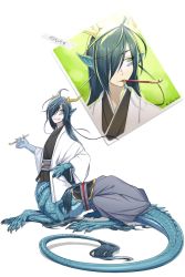 Rule 34 | 1boy, 2021, antlers, artist name, blue hair, blue scales, claws, dated, dragon boy, dragon tail, fingernails, full body, green eyes, grey pants, grin, hair over one eye, hakama, hand on own hip, hand up, holding, holding smoking pipe, horns, japanese clothes, kimono, kiseru, long hair, long sleeves, looking at viewer, looking to the side, male focus, monster boy, multiple views, original, pants, photo (object), pipe in mouth, pointy ears, scales, sharp fingernails, short kimono, sitting, slit pupils, smile, smoking pipe, t o illustvs, tail, taur, transparent background, very long hair, white background, wide sleeves