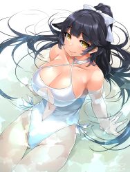Rule 34 | 1girl, animal ears, arm support, azur lane, bare shoulders, black hair, blush, bow, breasts, casual one-piece swimsuit, center opening, cleavage, clothing cutout, collarbone, commentary request, cowboy shot, criss-cross halter, curvy, dog ears, groin, hair between eyes, hair bow, hair ears, hair flaps, halterneck, happa (cloverppd), highleg, highleg swimsuit, large breasts, light smile, lips, looking at viewer, navel cutout, one-piece swimsuit, pink lips, ponytail, ribbon, shiny skin, sitting, solo, swimsuit, takao (azur lane), takao (beach rhapsody) (azur lane), thighs, white bow, white one-piece swimsuit, white ribbon, yellow eyes