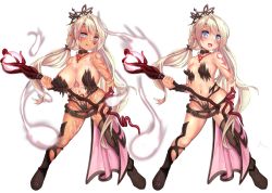 Rule 34 | alternate breast size, belt, belt buckle, blue eyes, body markings, bodypaint, boots, breasts, buckle, character sheet, colt revolver (girls&#039; frontline), enarane, facial mark, girls&#039; frontline, heart, heart facial mark, holding, holding staff, jewelry, large breasts, legs apart, licking lips, looking at viewer, low twintails, necklace, open mouth, pointy ears, pubic tattoo, revealing clothes, small breasts, sperm cell, staff, staff (weapon), tan, tanline, tattoo, tentacles, tiara, tongue, tongue out, twintails, variations